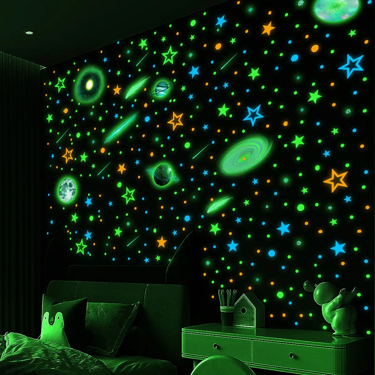 Dibujos animados luminosos unicornio y estrellas brillan en la oscuridad pegatinas de pared niños dormitorio calcomanías fluorescente pegatina de pared