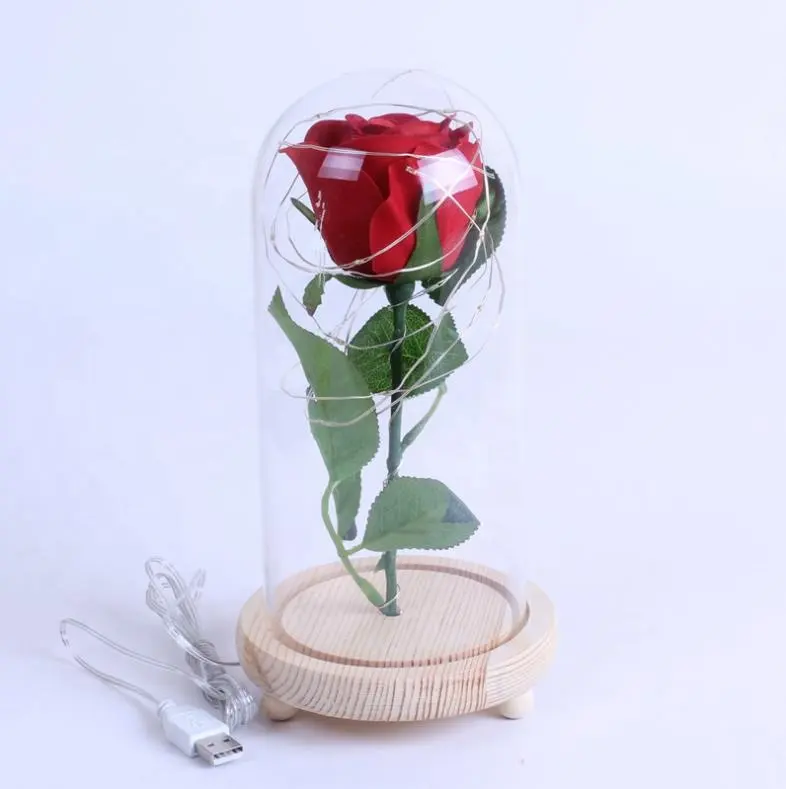 Flor artificial material de seda Rosa flor hecha a mano conjuntos de regalo de flores en cúpula de cristal