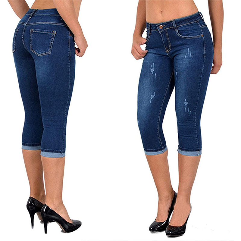 Dark Blue Distressed Ripped Capri Jeans Womens