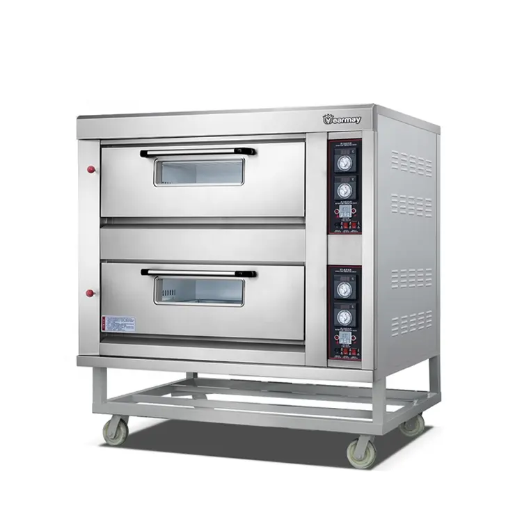 Equipamento comercial de padaria, forno a gás duplo 2 gavetas plataforma dupla 4 bandeja de cozinhar bolo e pão forros de cozimento profissional