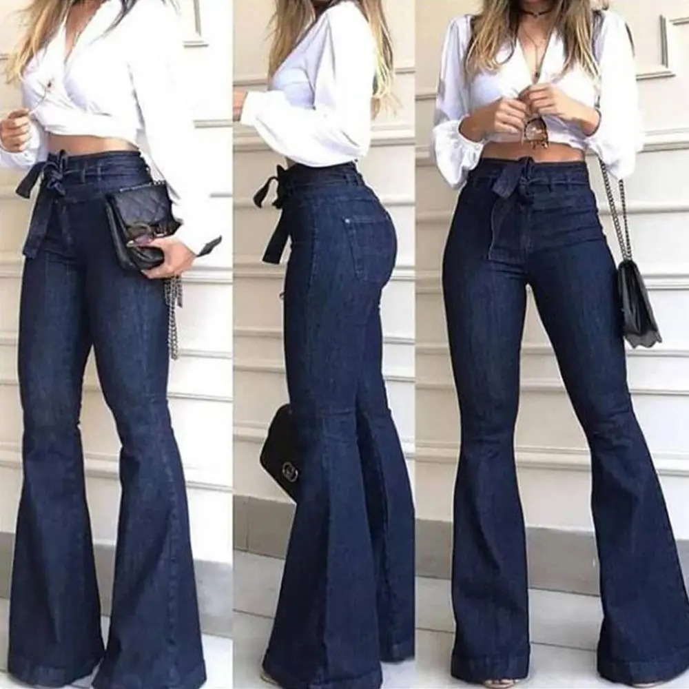 2022 vendita calda moda donna vita alta elastico Lace Up pantaloni svasati pantaloni gamba larga Jeans Casual Sexy