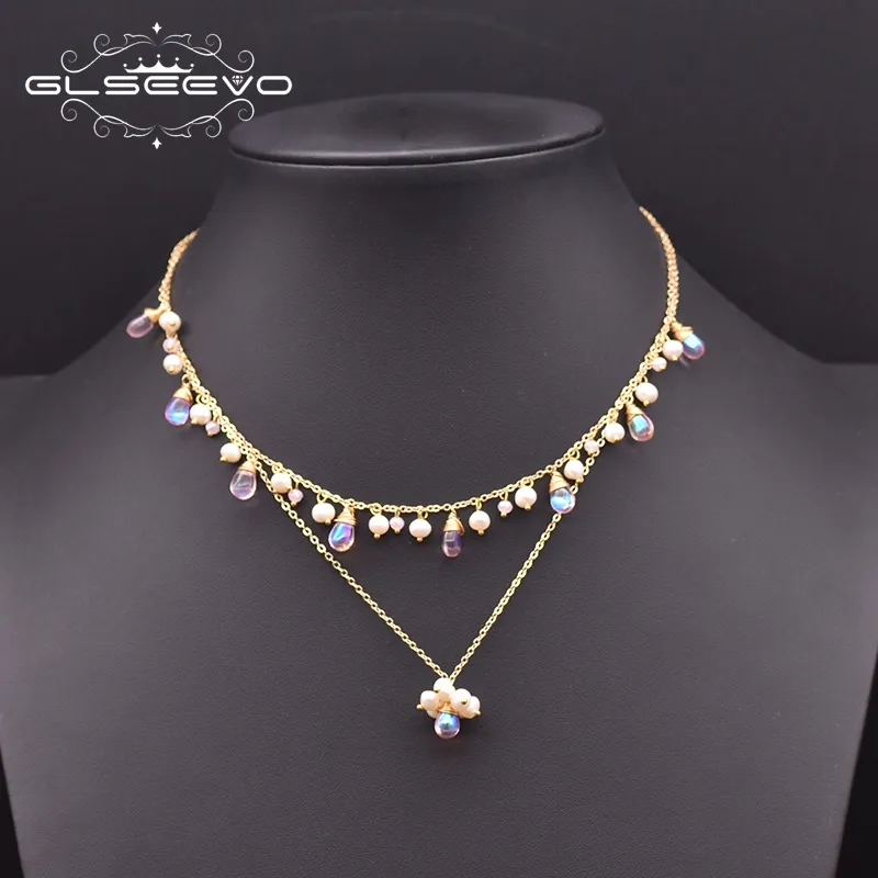 Collar con colgante de perlas naturales para mujer, regalo de boda, romántico, doble cristal checo, joyería hecha a mano