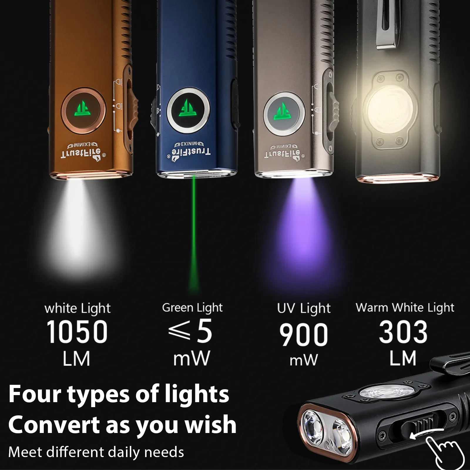 Trustfire độc đáo siêu mỏng mini X3 1050lm 5700K Spotlight EDC Torch 900mv UV phẳng Đèn pin từ màu xanh lá cây ánh sáng laser