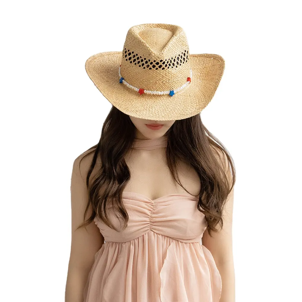 New fashion chic women cappello da cowboy in rafia a tesa larga per donna beach UPF 50 + protezione UV cappello da sole cappello da cowgirl