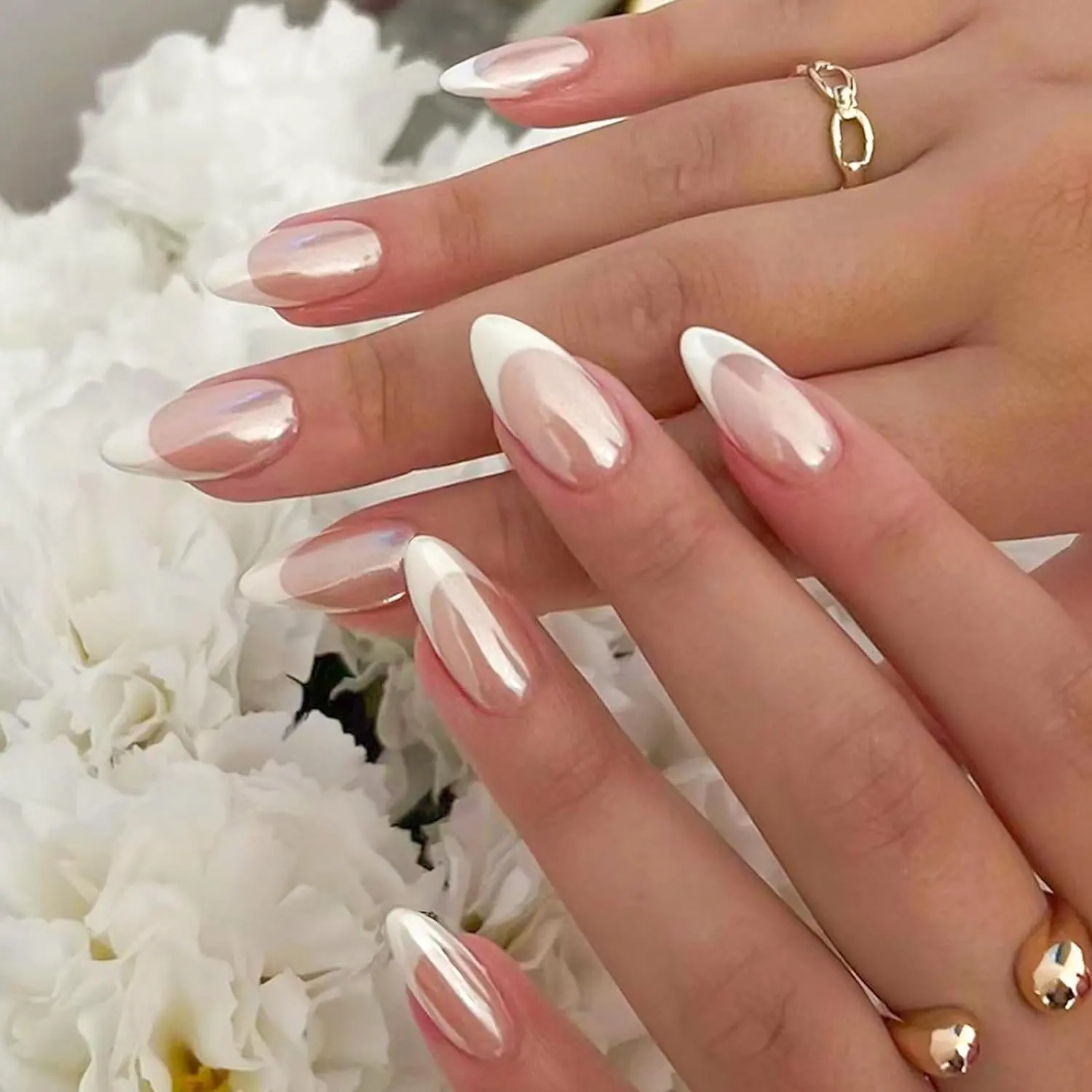 Punta francese stampa sulle unghie unghie quadrate medie Nude Pink acrilico copertura completa colla lucida sulle unghie