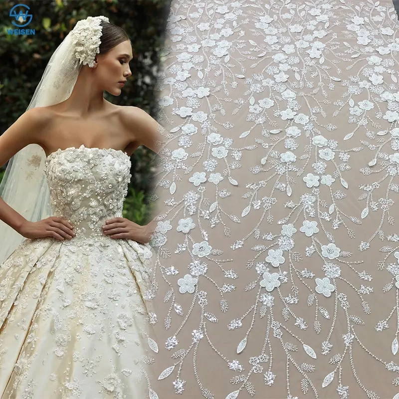 Crystal Sequins Bridal Luxury Embroidery Beads Wedding Tulle White 3D flowers handmade Beaded Lace Fabric