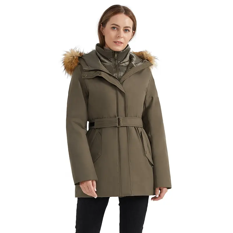 Custom High Quality Windproof Parka Women Slim Waist Belt Fur Collar Down Coat Winter Jacket Women