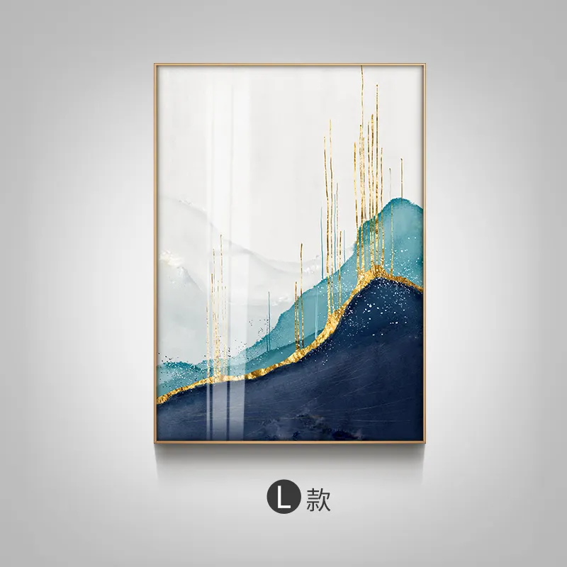 Hermosa pintura al óleo de decoración abstracta simple de oro de montaña azul