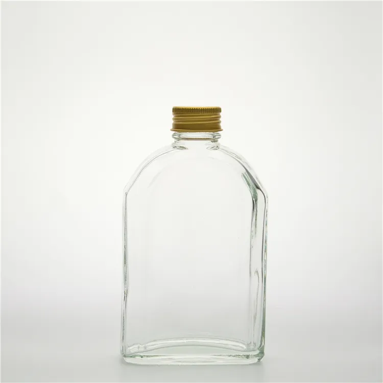 एल्यूमीनियम कवर के साथ फ्लैट स्क्यू शोल्डर पेय पदार्थ कांच की बोतल और जूस एंजाइम शराब और स्पिरिट और वाइन के लिए उपयोग कांच की बोतल