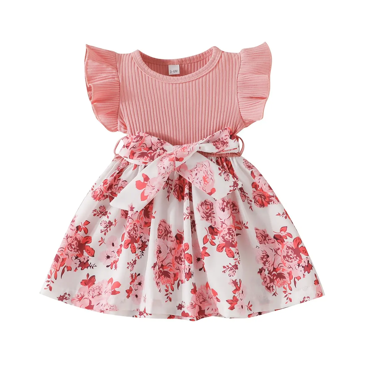 Vestido de fábrica al por mayor para niña de 3 a 24 meses, ropa de bebé, vestidos informales de manga corta de color rosa con lazo bonito para niña