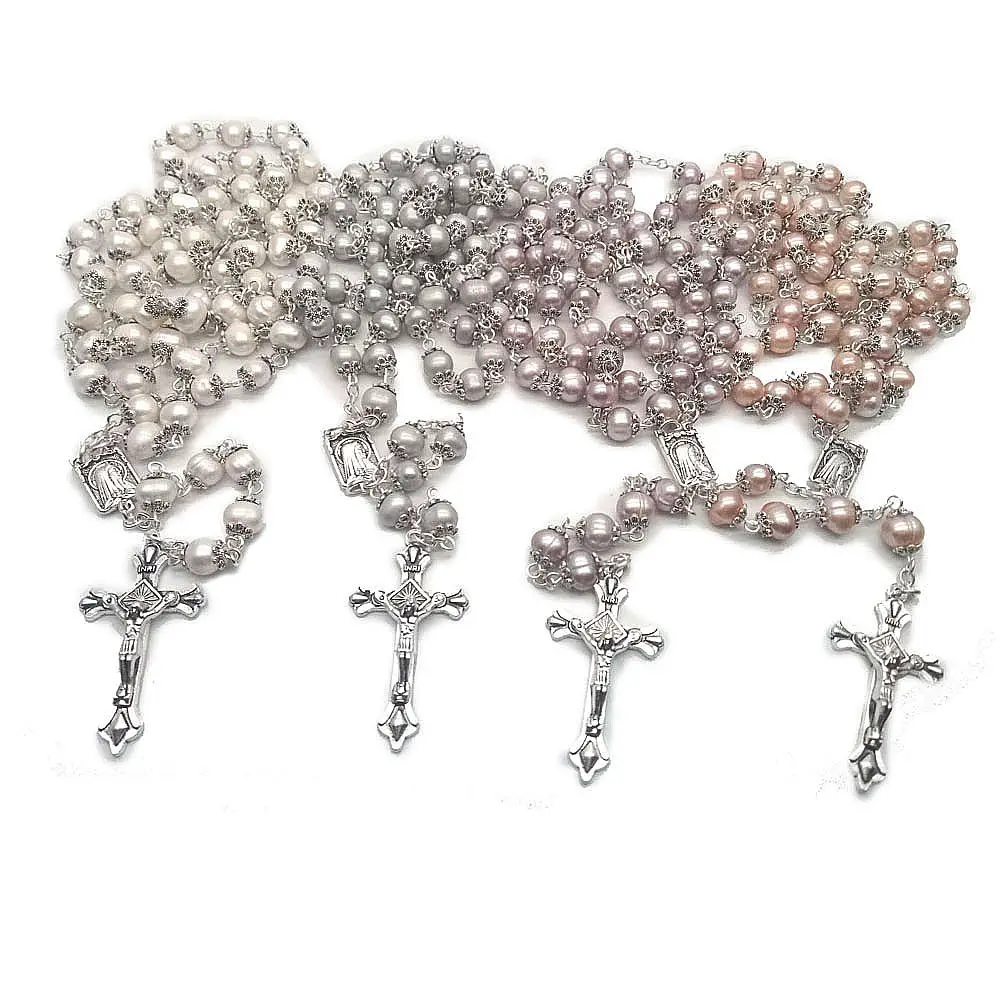 Nuevas pulseras de religión para mujeres, colgante de Cruz de la Virgen María y Jesús, collar largo, perlas de agua dulce, cuentas de Rosario de oración