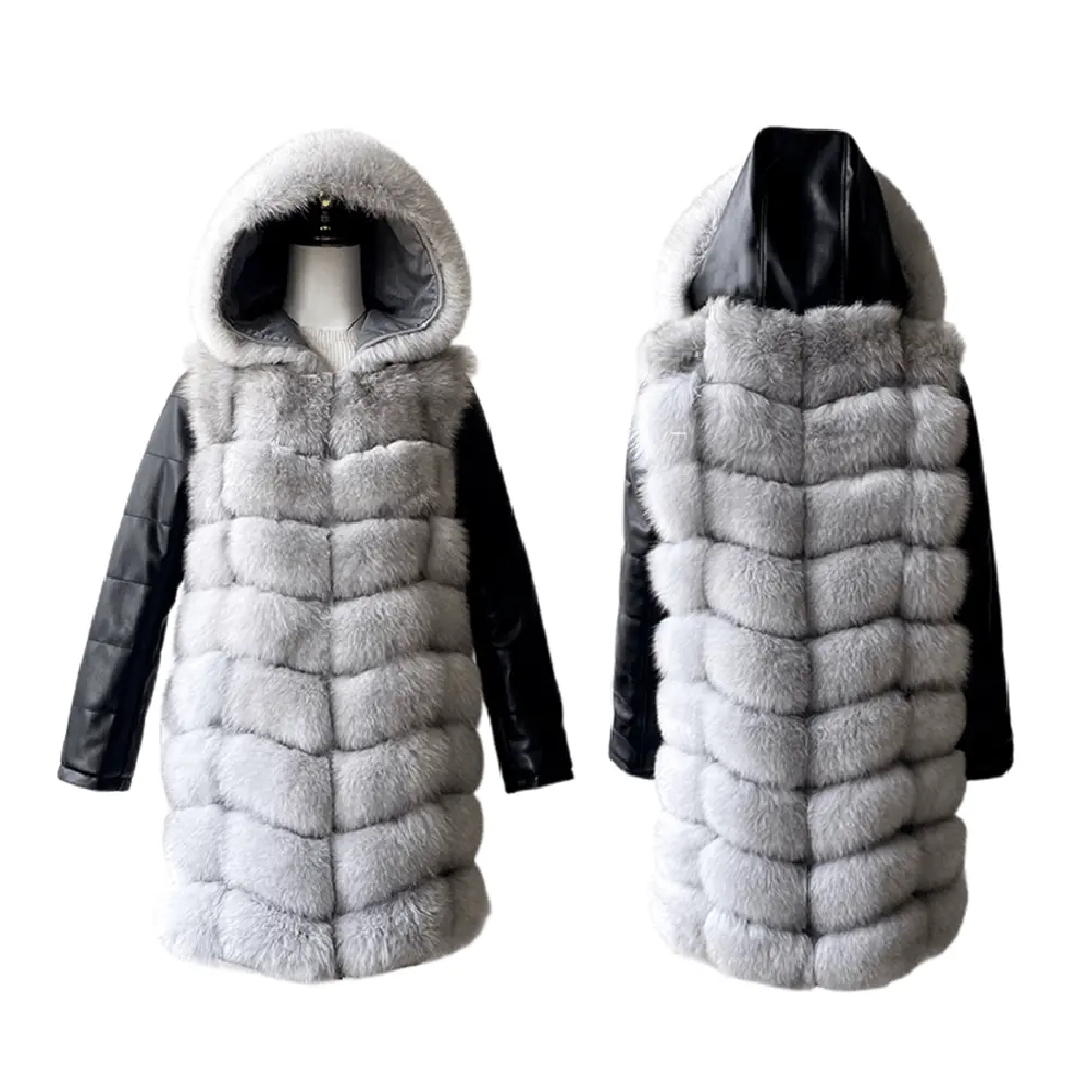 Großhandel Winter Pelz Jacke Frauen Plus Size Leder Ärmel Kapuze Real Fox Pelzmantel