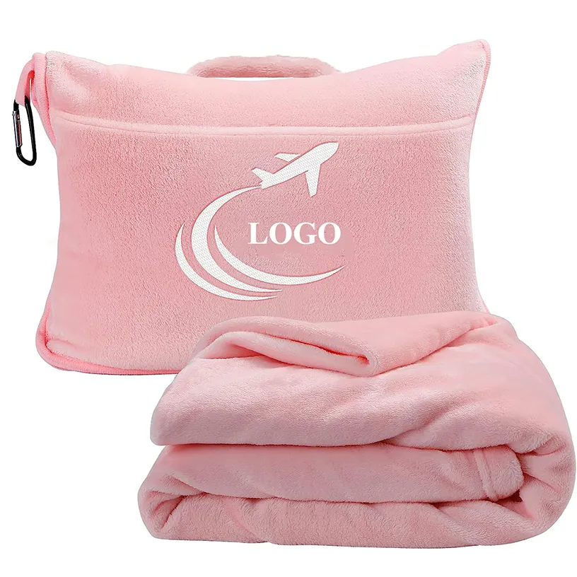 Coperta pieghevole in morbido pile di flanella coperta da viaggio personalizzata e set di cuscini 2 in 1