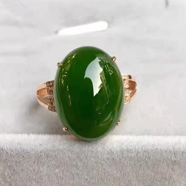 18k gold 12x16mm natural spinach green hetian jasper ring