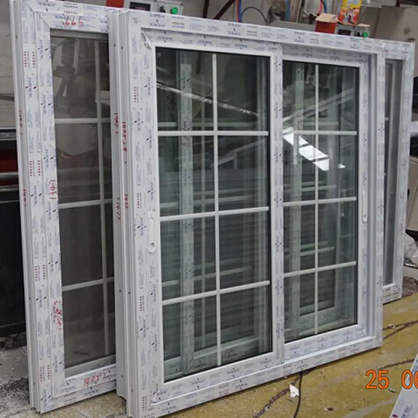 European style UPVC/PVC double tinted glass sliding window with grill design for home