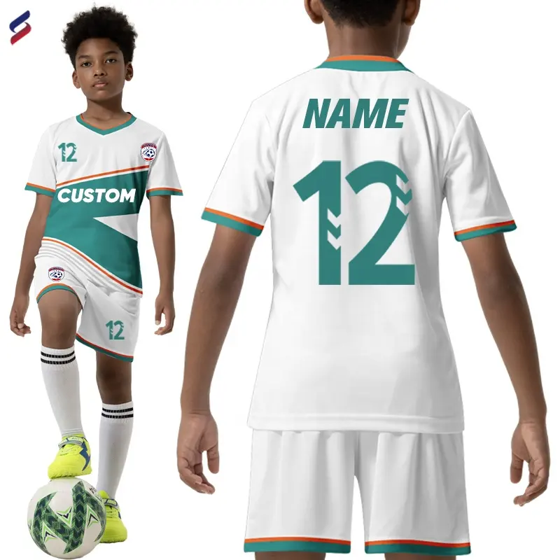 Venta al por mayor personalizado niños nuevo diseño 100% poliéster fútbol Jersey estampado nombre Número transpirable uniformes de fútbol para jóvenes VL567