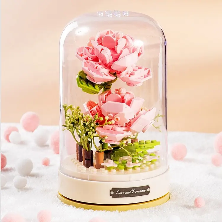 Akıllı ebedi çiçek dekor diy bitki çiçek tuğla oyuncak hediye gül müzik kutusu yapı blok seti