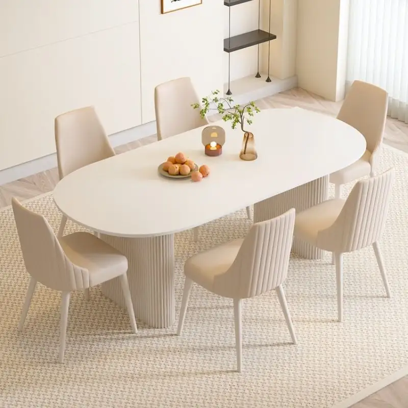 Atunus-Mesa de comedor de madera maciza de MDF blanco minimalista nórdico, mesa de comedor, mesa de cena ovalada de 4-8 plazas industrial contemporánea