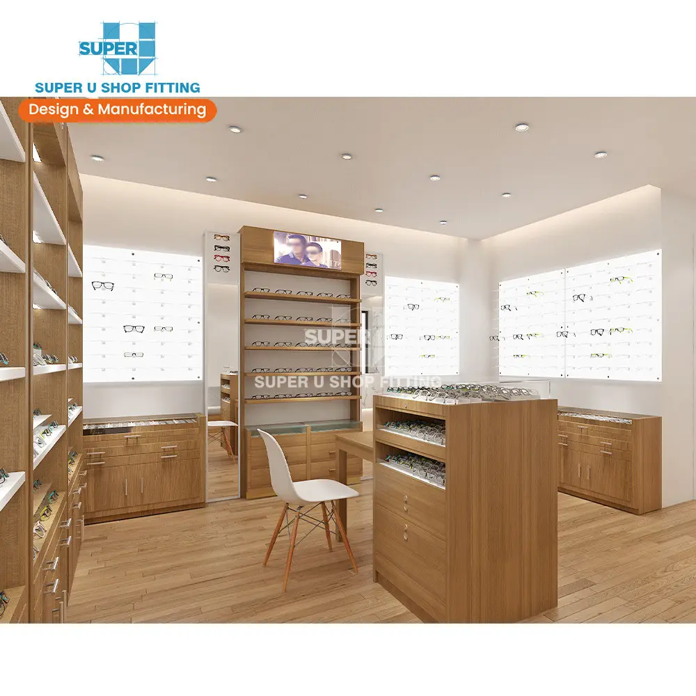 Loja óptica de madeira, luminárias de loja óptica de madeira, design de interior de loja, decoração para armário de óculos