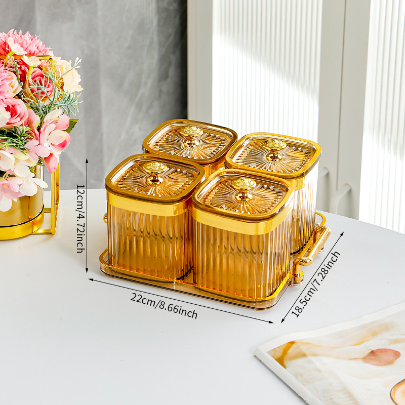 Amber Square Jar with 4 Compartments - T-shaped Gold Handle