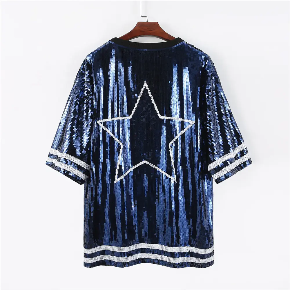 Hot Sale New Style Blue Party Kleider Pailletten Mode Freizeit kleid Frauen American Football Long T Shirt Kleid