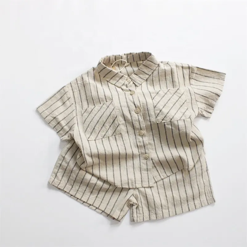 Conjunto de ropa de verano para bebés al por mayor, camiseta de manga corta de algodón a rayas para niños, pantalones cortos, traje de 2 uds.