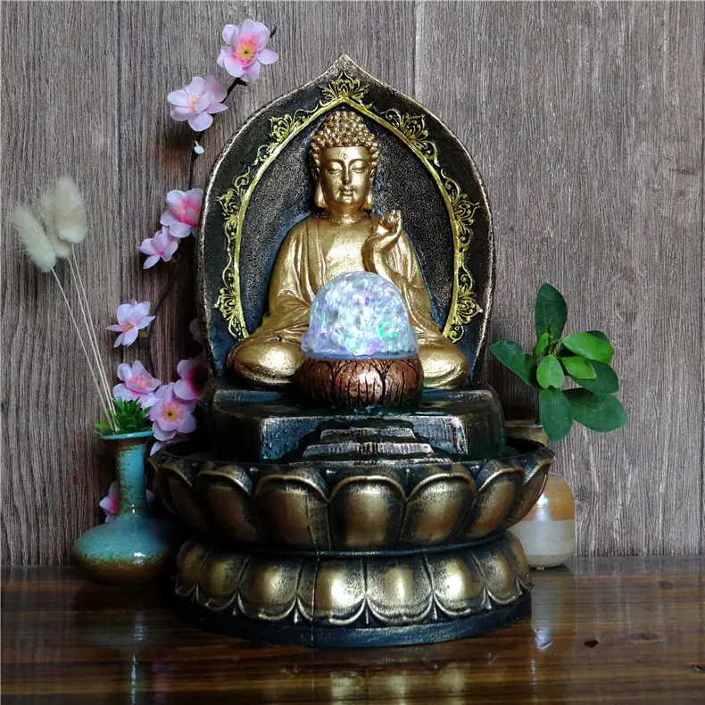 Estatua de Buda de meditación relajante, fuente de agua creativa, decoración de resina para interiores, decoración Feng Shui de escritorio