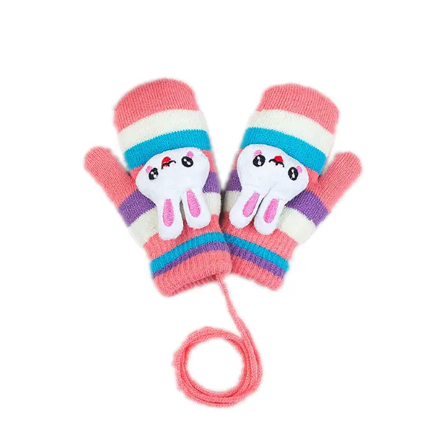 Gants en tricot Double épais pour enfant, nouveau Style, en forme de lapin, avec lanière, gants d'hiver simples pour femmes, 100% acrylique, vente en gros