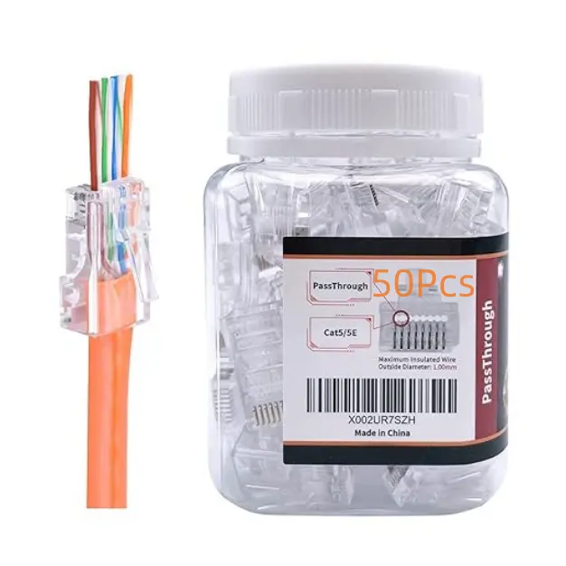 핫 세일 50 PC 이더넷 네트워크 RJ45 Cat5/5E 솔리드 또는 가닥 UTP 이더넷 케이블 용 커넥터를 통과