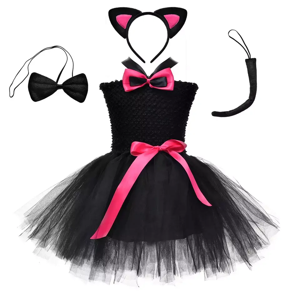 Cute Girl Children Costume Cat Cosplay Party Mesh Girl Dresses con orecchie Animal Tulle Dress Carnival Clothes Costume all'ingrosso
