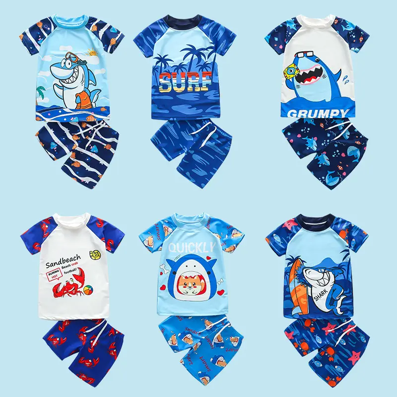 Venta al por mayor de fábrica Niños Split Traje de baño de manga corta Tendencias deportivas para niños Trajes de baño Conjuntos Kid Boy Print Cute Swimsuit Sets