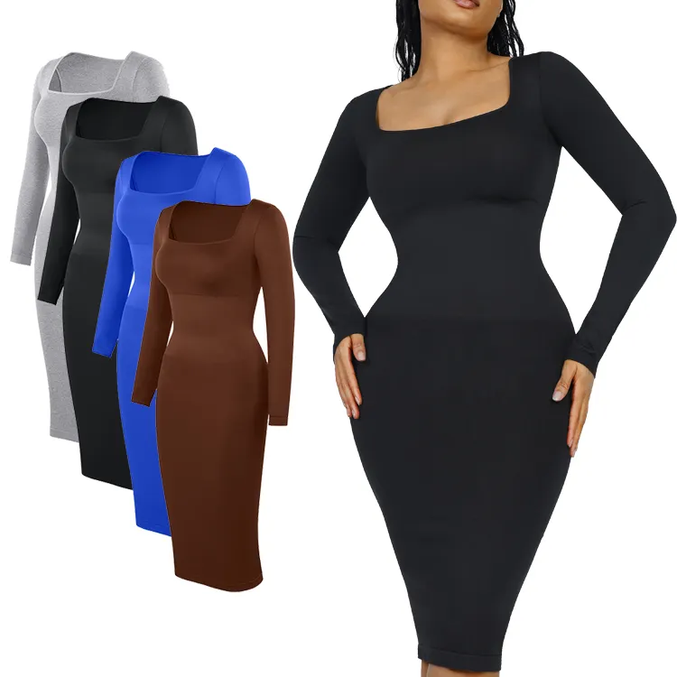 Toptan 2023 bodycon elbise elastik örgü Midi Bodycon elbise uzun kollu Shapewear kadın elbise inşa