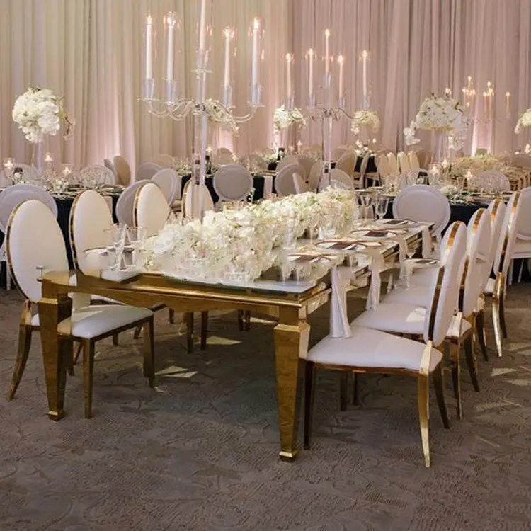 Venta al por mayor de fábrica de muebles de boda sillas y mesas de metal de oro de acero inoxidable Hotel recepción evento banquetes mesas
