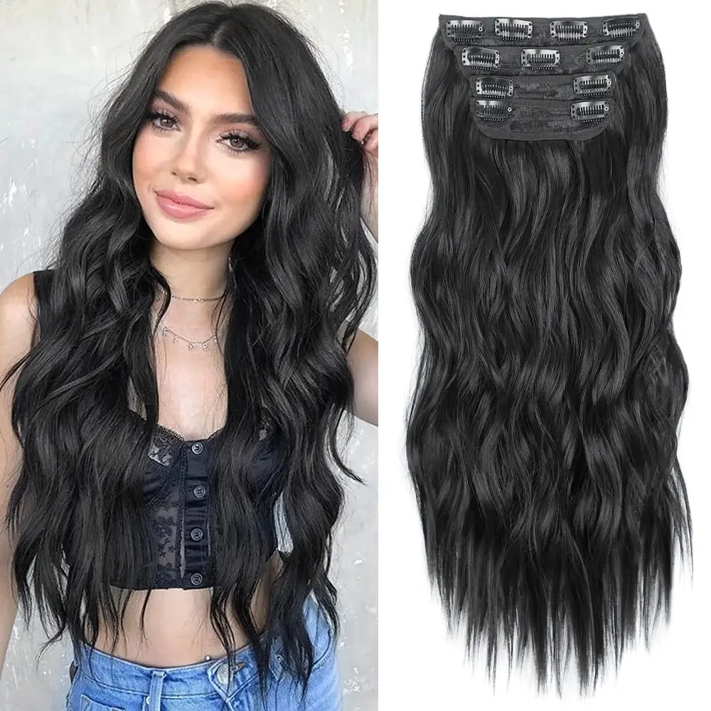 Clip in Long Wavy Synthetic Hair Extension 4PCS Thick Hairpieces Fiber Double Weft Hair for Women (20 Inch, Black)