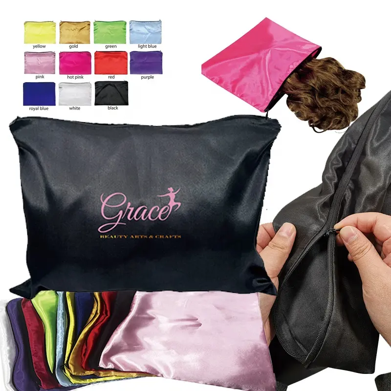 Grosir tas ritsleting Satin perjalanan warna-warni kantung Wig ekstensi rambut tahan lama lembut tas Satin dengan ritsleting