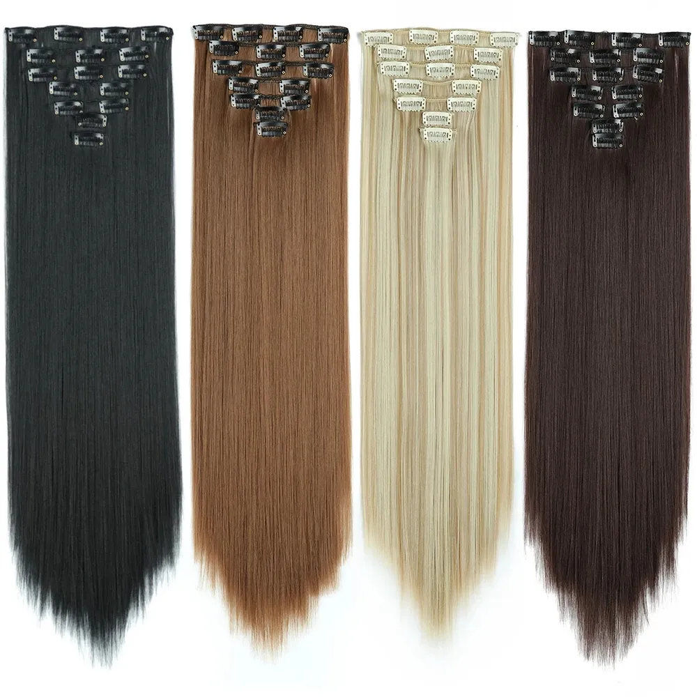 Rebecca-extensiones de cabello con Clip, pelo largo y recto sintético, Rubio y negro, resistente al calor, 22 pulgadas