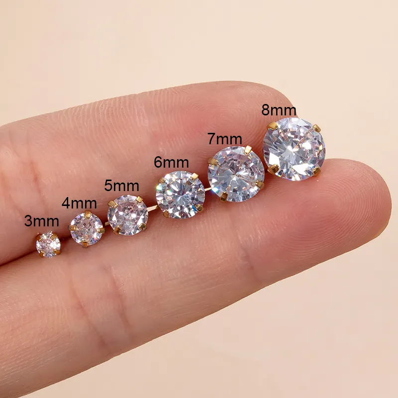 HENGSEN minimalis 3-8mm zirkonia kubik bulat 18k giwang baja tahan karat berlapis emas untuk wanita dan pria perhiasan klasik