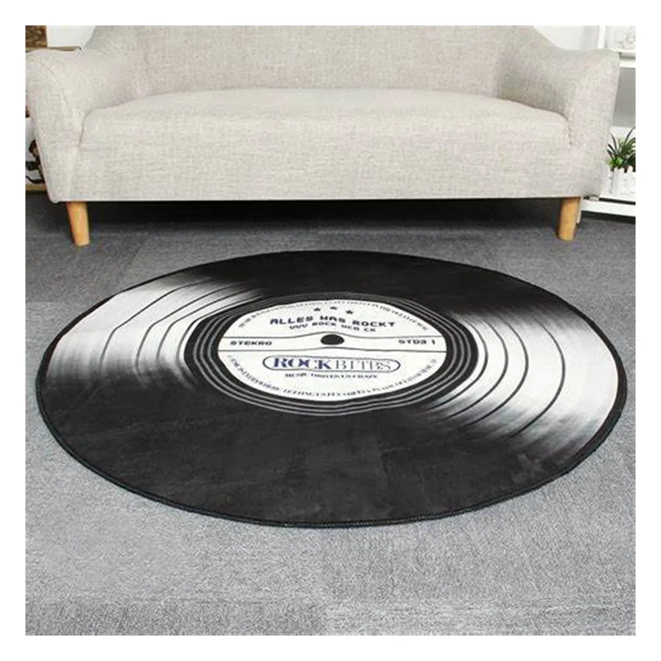 Tapete retrô com estampa de disco, tapete retrô branco antiderrapante para a área de cd