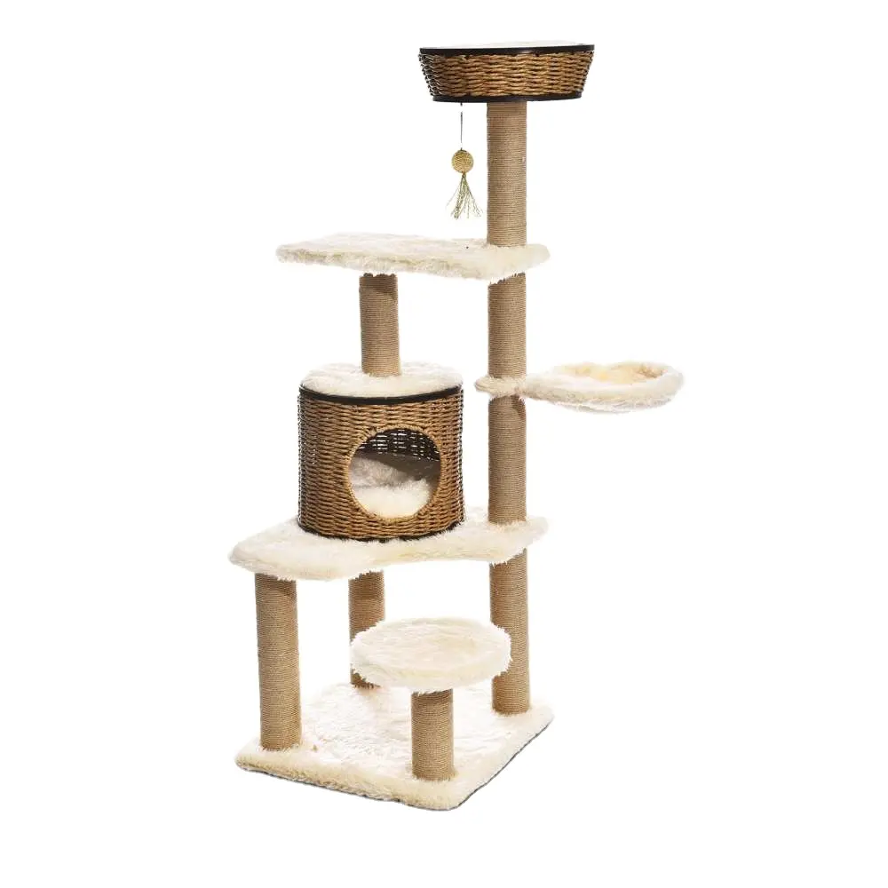 Tall & Large Artificial Rattan Kitten Tower Furniture Plush Cover Sisal Post Cat Tree