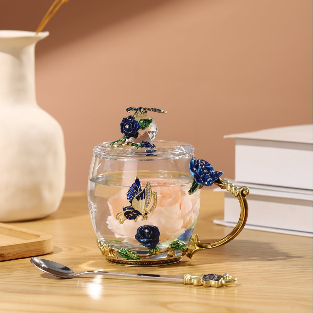 Taza Corta Rosa Azul con Cuchara y Tapa (Embalaje de Espuma)