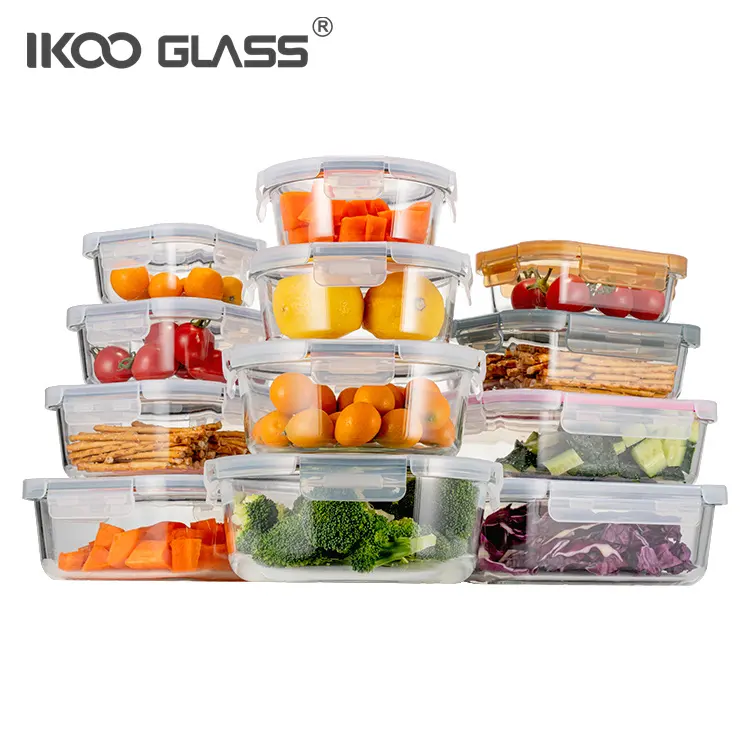 IKOO individualisierbarer 24-teiliger Glasspeicher-Einsatz Deckel modernes rechteckiges Design mikrowellenspezifischer Lebensmittelbehälter Küche Präsentationen