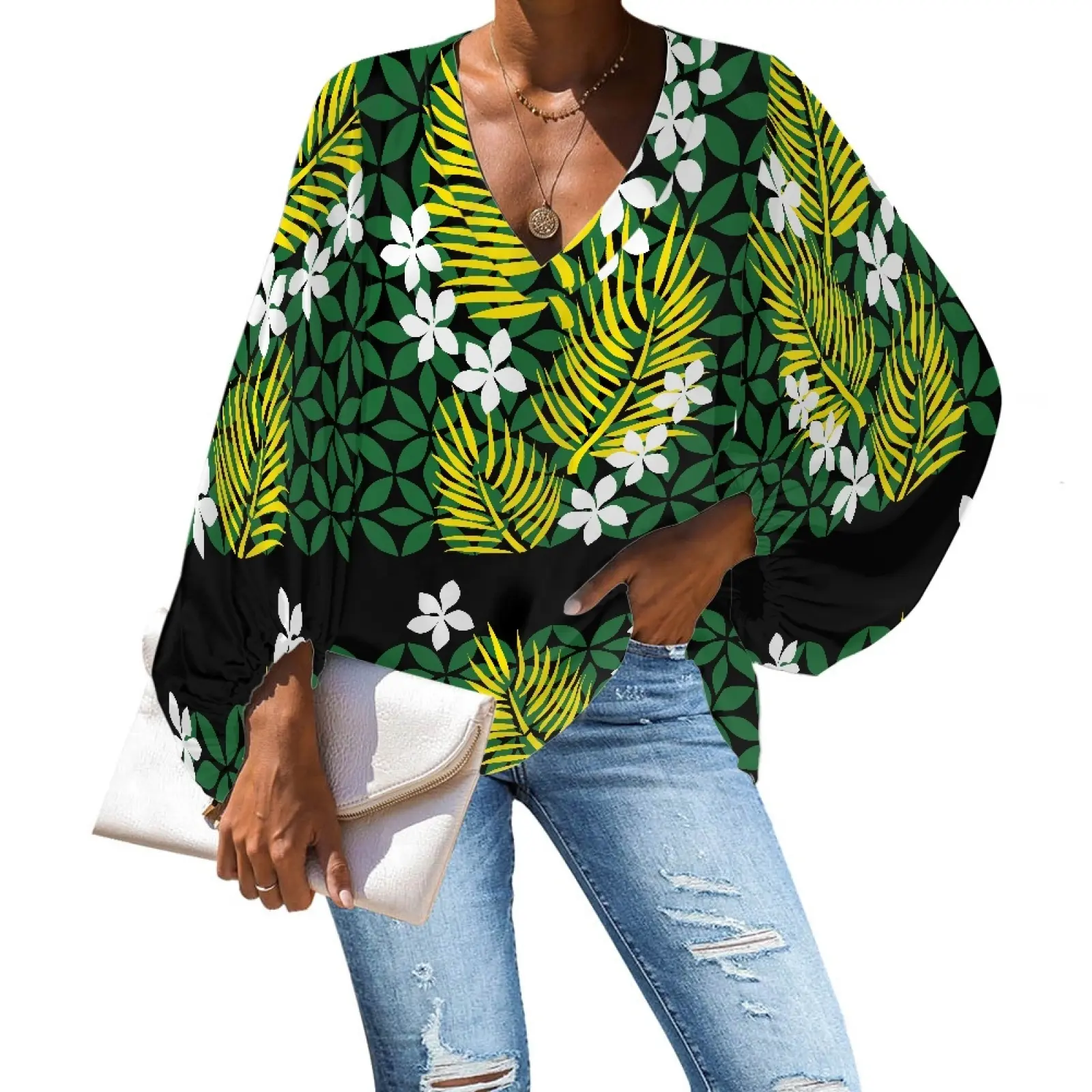 no minimum sublimation print top quality tropical flowers patten polynesian tribal design women's tops long sleeve cozy blouse