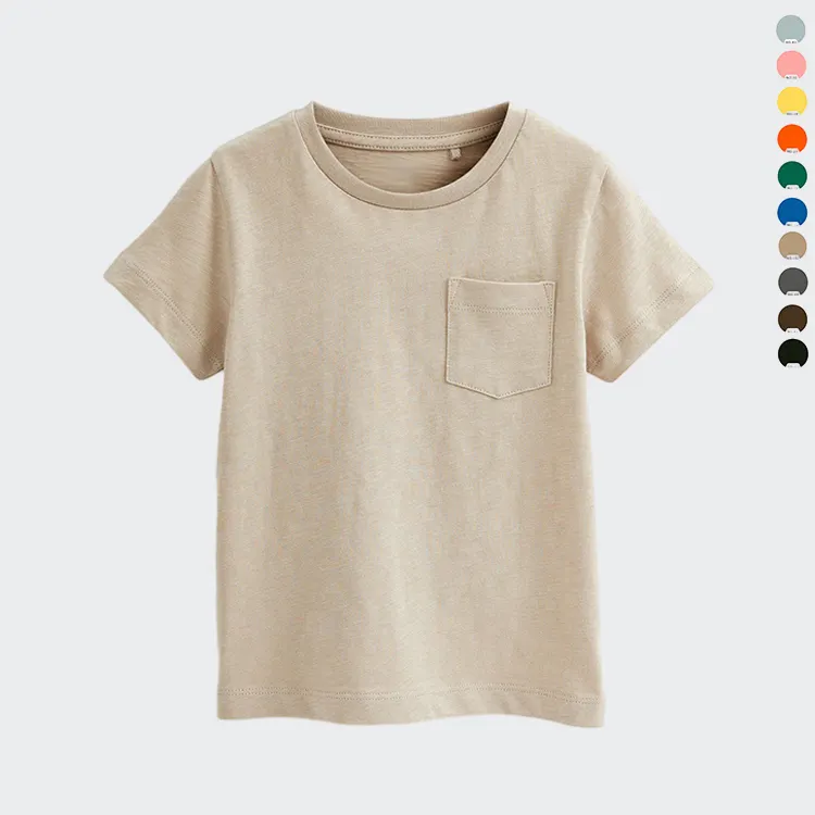 Özel Logo tasarım çocuklar kısa kollu cep t-shirt Casual Crewneck Boys düz pamuklu t-shirt