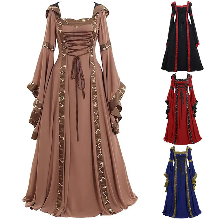 Vestido gótico de encaje con cuello cuadrado medieval para mujer, falda con capucha, manga trompeta