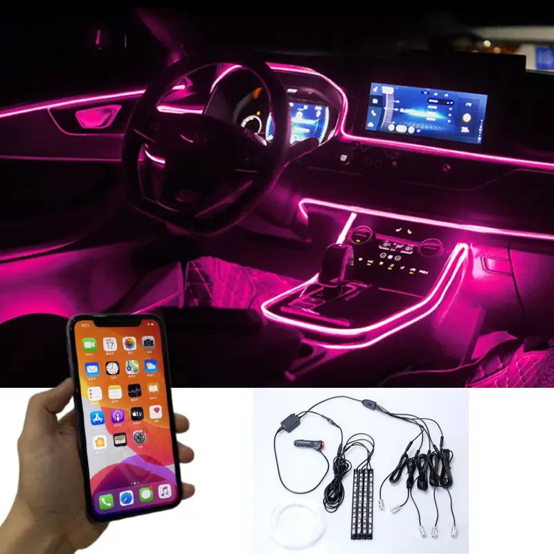 Tira de luces LED de fibra para decoración interior de coche, luz ambiental de 12V, RGB, aplicación para automóvil