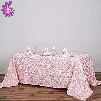 90"*132" Rectangle Table Cover Blush Grandiose Rosette 3D Satin Tablecloth For Wedding Party Event