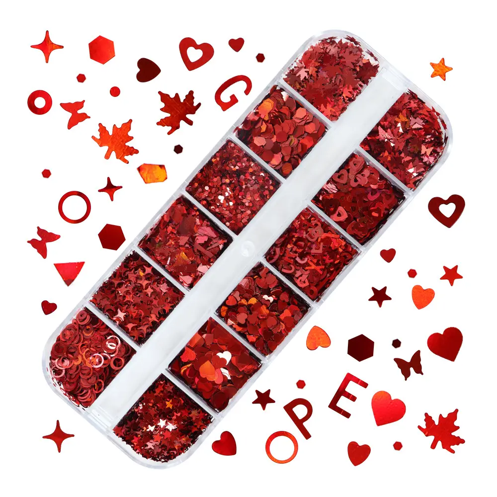 Venta al por mayor Día de San Valentín Flash 12 rejillas láser rojo Mariposa Corazón Carta amor En forma de mezcla Brillo de uñas