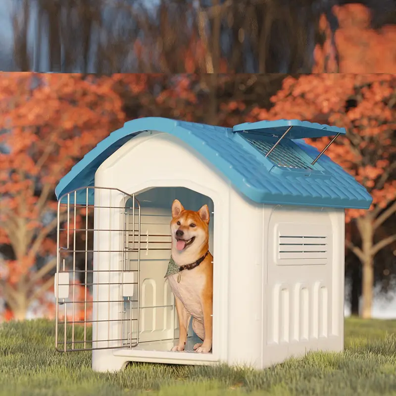 Moda 2023 Casa de perro de plástico al aire libre grandes perreras impermeables desmontables para perros con puerta de hierro