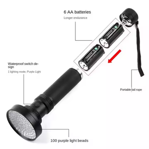 Phổ biến UV đèn pin 100 * UV LED 395nm hợp kim nhôm chất lượng cao màu tím ánh sáng LED Torch ánh sáng 6 * AA pin khô không thấm nước - Product Image 3