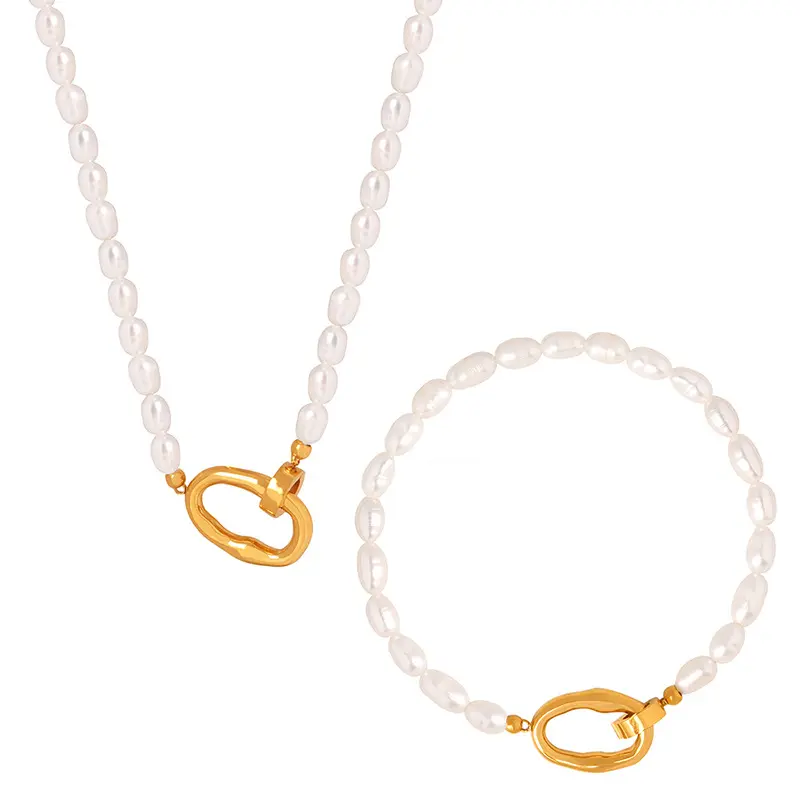 Grazioso e alla moda personalità naturale perla d'acqua dolce collana braccialetto gioielli titanio acciaio oro gioielli